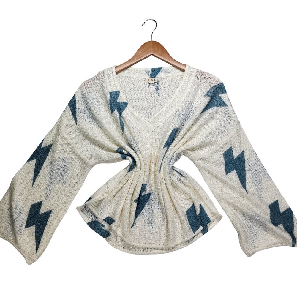 Pol Anthropologie Lightning Bolt Crop Sweater Small White Blue Boxy